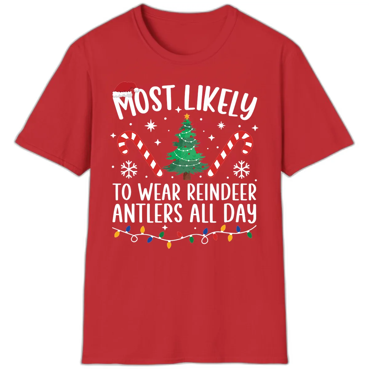 Most Likely To Wear Reindeer Antlers All Day T-Shirt in Red